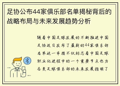 足协公布44家俱乐部名单揭秘背后的战略布局与未来发展趋势分析