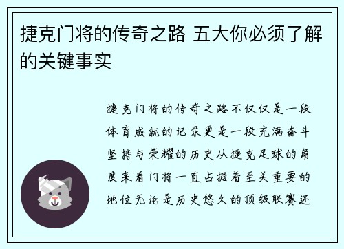 捷克门将的传奇之路 五大你必须了解的关键事实