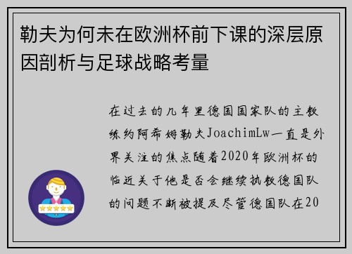 勒夫为何未在欧洲杯前下课的深层原因剖析与足球战略考量