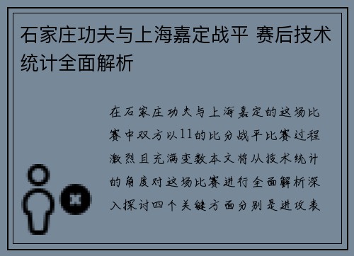 石家庄功夫与上海嘉定战平 赛后技术统计全面解析